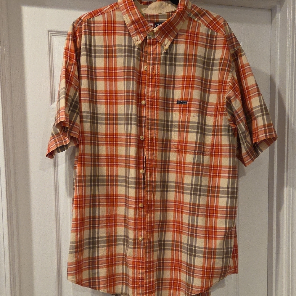 Chaps Men's Orange and Cream Plaid Button-Down Shirt